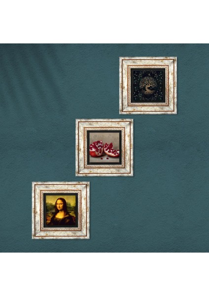 Hayat Ağacı, Leonardo da Vinci Mona Lisa, Nar Taş Duvar Tablosu Çerçeveli Duvar Dekoru 3 Parça Tablo Seti Wall Art T3-1422