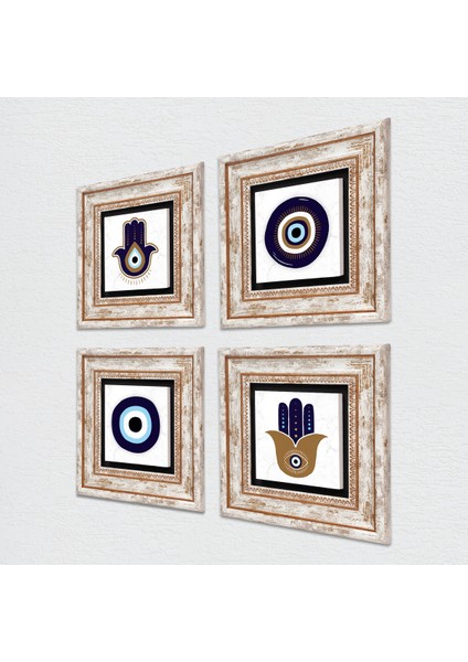 Stone Fatma Ana Eli (Hamsa), Nazar Çerçeveli Taş Duvar Tablosu 4’lü Set - Dekoratif Modern Sanat, Ev ve Ofis Dekoru |TK4-1064| fiyatları