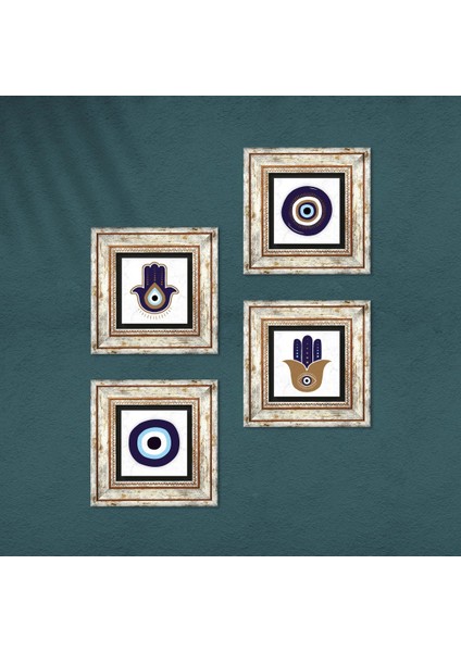 Stone Fatma Ana Eli (Hamsa), Nazar Çerçeveli Taş Duvar Tablosu 4’lü Set - Dekoratif Modern Sanat, Ev ve Ofis Dekoru |TK4-1064| fırsatları