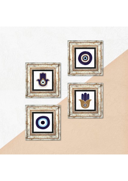 Stone Fatma Ana Eli (Hamsa), Nazar Çerçeveli Taş Duvar Tablosu 4’lü Set - Dekoratif Modern Sanat, Ev ve Ofis Dekoru |TK4-1064| indirimleri