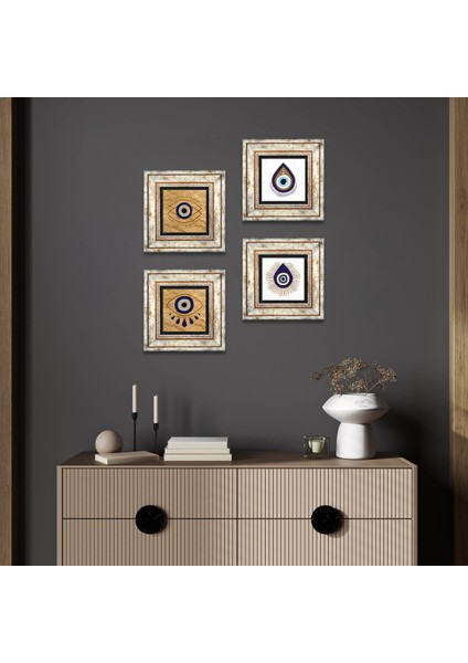 Nazar Taş Duvar Tablosu Çerçeveli Duvar Dekoru 4 Parça Tablo Seti Wall Art T4-1073