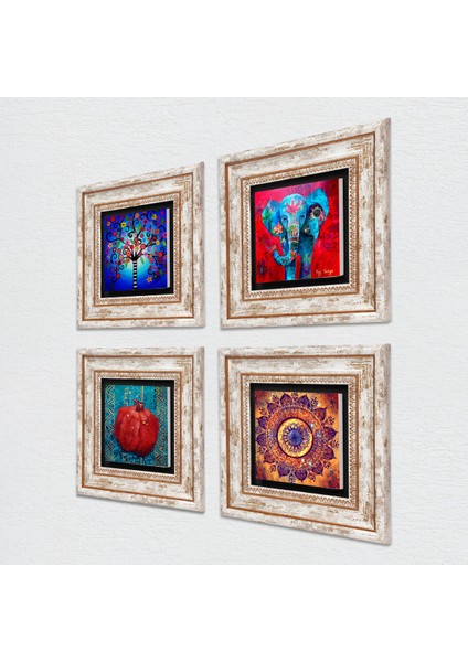Mandala, Fil, Hayat Ağacı, Nar Çerçeveli Taş Duvar Tablosu 4’lü Set - Dekoratif Modern Sanat, Ev ve Ofis Dekoru |TK4-868| fiyatları