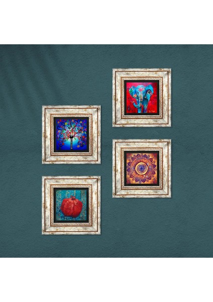 Mandala, Fil, Hayat Ağacı, Nar Çerçeveli Taş Duvar Tablosu 4’lü Set - Dekoratif Modern Sanat, Ev ve Ofis Dekoru |TK4-868| fırsatları