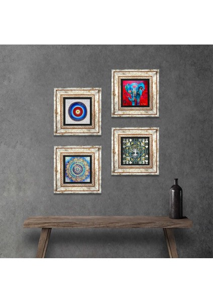 Stone Nazar, Hayat Ağacı, Mandala, Fil Çerçeveli Taş Duvar Tablosu 4’lü Set - Dekoratif Modern Sanat, Ev ve Ofis Dekoru |TK4-888|