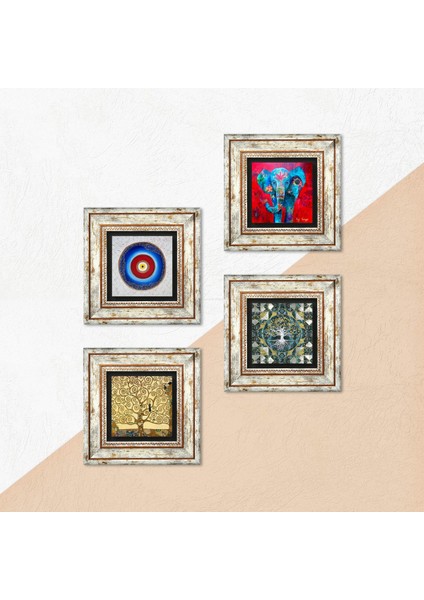 Nazar, Hayat Ağacı, Fil Taş Duvar Tablosu Çerçeveli Duvar Dekoru 4 Parça Tablo Seti Wall Art T4-904