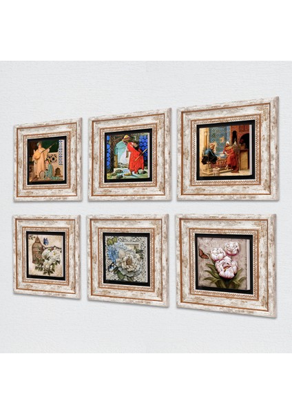 Kaplumbağa Terbiyecisi, Satranç, İki Müzisyen Kız, Kelebekli Çiçek Taş Duvar Tablosu Çerçeveli Duvar Dekoru 6 Parça Tablo Seti Wall Art T6-53