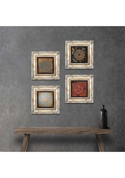 Yaşam Çiçeği, Sri Yantra, Desen Taş Duvar Tablosu Çerçeveli Duvar Dekoru 4 Parça Tablo Seti Wall Art T4-556