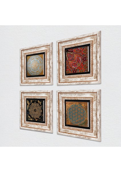 Yaşam Çiçeği, Sri Yantra, Desen Taş Duvar Tablosu Çerçeveli Duvar Dekoru 4 Parça Tablo Seti Wall Art T4-556
