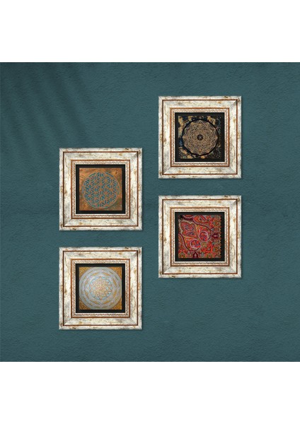 Yaşam Çiçeği, Sri Yantra, Desen Taş Duvar Tablosu Çerçeveli Duvar Dekoru 4 Parça Tablo Seti Wall Art T4-556
