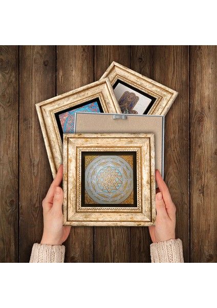 Yaşam Çiçeği, Sri Yantra, Desen Taş Duvar Tablosu Çerçeveli Duvar Dekoru 4 Parça Tablo Seti Wall Art T4-556
