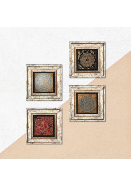 Yaşam Çiçeği, Sri Yantra, Desen Taş Duvar Tablosu Çerçeveli Duvar Dekoru 4 Parça Tablo Seti Wall Art T4-556