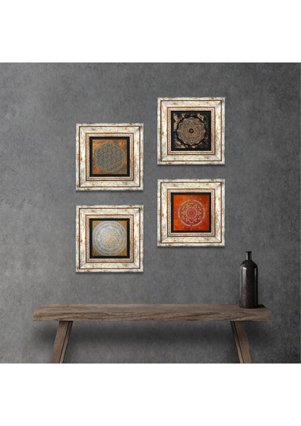 Stone Yaşam Çiçeği, Sri Yantra, Mandala Çerçeveli Taş Duvar Tablosu 4’lü Set - Dekoratif Modern Sanat, Ev ve Ofis Dekoru |TK4-558|