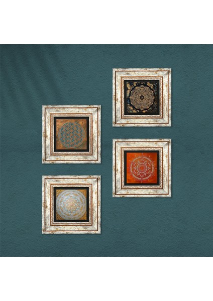 Stone Yaşam Çiçeği, Sri Yantra, Mandala Çerçeveli Taş Duvar Tablosu 4’lü Set - Dekoratif Modern Sanat, Ev ve Ofis Dekoru |TK4-558| fırsatları