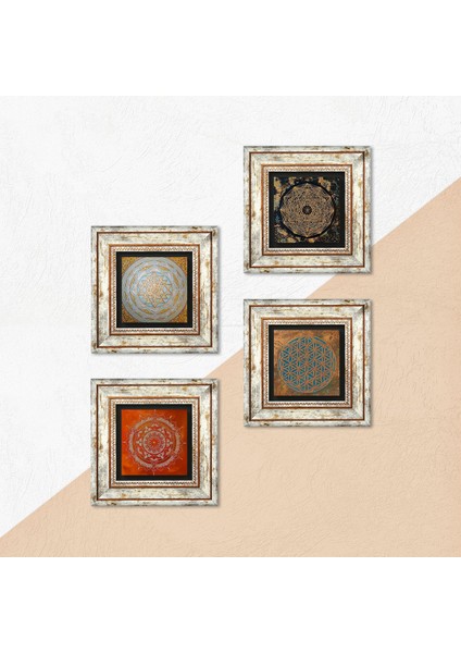 Stone Yaşam Çiçeği, Sri Yantra, Mandala Çerçeveli Taş Duvar Tablosu 4’lü Set - Dekoratif Modern Sanat, Ev ve Ofis Dekoru |TK4-558| indirimleri