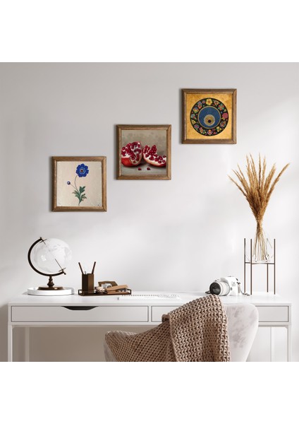 Ebru Sanatı, Nazar, Nar Taş Duvar Tablosu Ahşap Çerçeveli Duvar Dekoru 3 Parça Tablo Seti Wall Art W3-1602