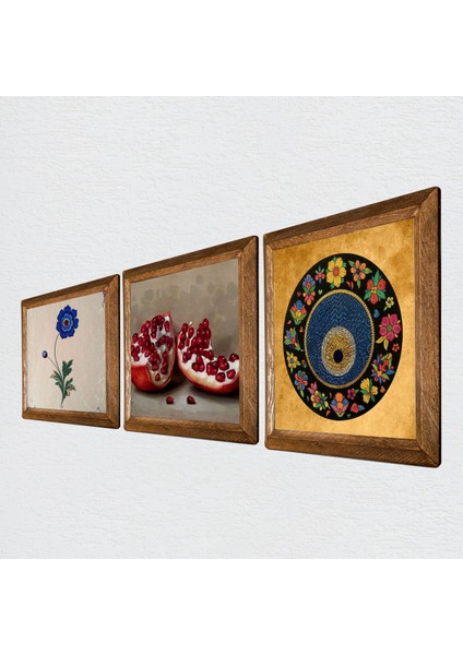 Ebru Sanatı, Nazar, Nar Taş Duvar Tablosu Ahşap Çerçeveli Duvar Dekoru 3 Parça Tablo Seti Wall Art W3-1602