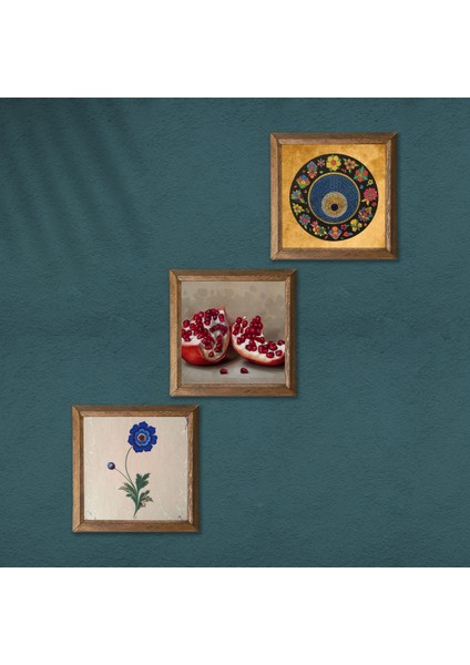 Ebru Sanatı, Nazar, Nar Taş Duvar Tablosu Ahşap Çerçeveli Duvar Dekoru 3 Parça Tablo Seti Wall Art W3-1602