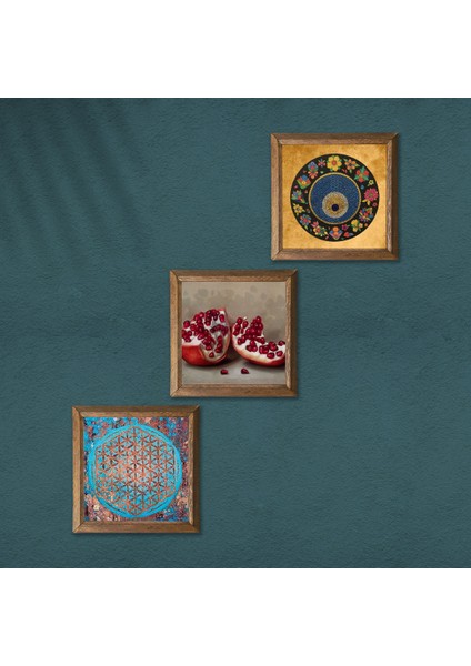 Yaşam Çiçeği, Nazar Boncuğu, Nar Taş Duvar Tablosu Ahşap Çerçeveli Duvar Dekoru 3 Parça Tablo Seti Wall Art W3-1609 modelleri
