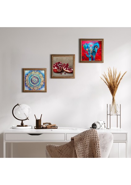 Mandala, Fil, Nar Taş Duvar Tablosu Ahşap Çerçeveli Duvar Dekoru 3 Parça Tablo Seti Wall Art W3-1688