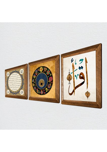 İlk Ayet 'Oku', Nazar, Hilye-i Şerif Taş Duvar Tablosu Ahşap Çerçeveli Duvar Dekoru 3 Parça Tablo Seti Wall Art W3-174