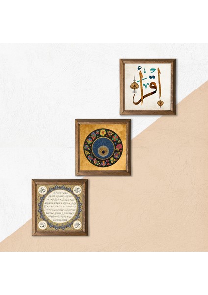 İlk Ayet 'Oku', Nazar, Hilye-i Şerif Taş Duvar Tablosu Ahşap Çerçeveli Duvar Dekoru 3 Parça Tablo Seti Wall Art W3-174