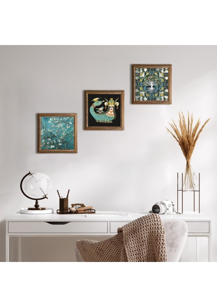 Hayat Ağacı, Van Gogh Badem Ağacı, Şahmeran Taş Duvar Tablosu Ahşap Çerçeveli Duvar Dekoru 3 Parça Tablo Seti Wall Art W3-204