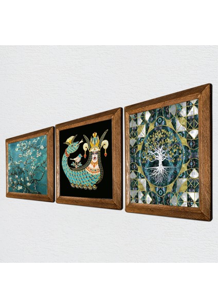 Hayat Ağacı, Van Gogh Badem Ağacı, Şahmeran Taş Duvar Tablosu Ahşap Çerçeveli Duvar Dekoru 3 Parça Tablo Seti Wall Art W3-204 fiyatları