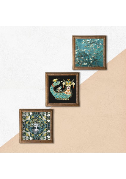 Hayat Ağacı, Van Gogh Badem Ağacı, Şahmeran Taş Duvar Tablosu Ahşap Çerçeveli Duvar Dekoru 3 Parça Tablo Seti Wall Art W3-204 indirimleri