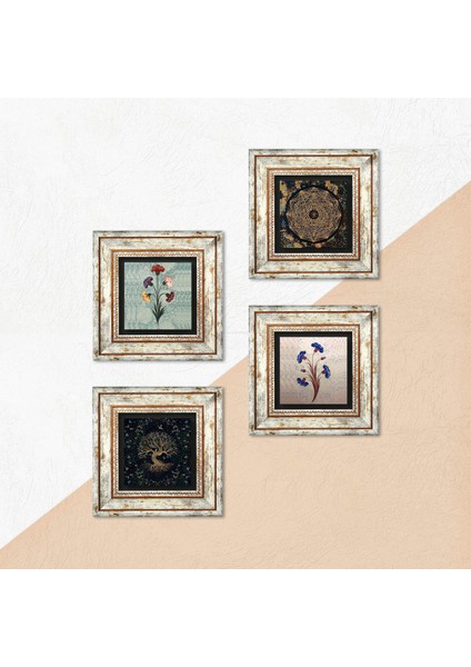 Ebru Sanatı, Sri Yantra, Hayat Ağacı Taş Duvar Tablosu Çerçeveli Duvar Dekoru 4 Parça Tablo Seti Wall Art T4-1046 indirimleri