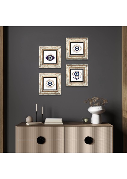 Nazar Taş Duvar Tablosu Çerçeveli Duvar Dekoru 4 Parça Tablo Seti Wall Art T4-1062
