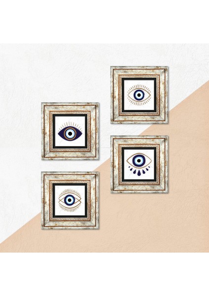 Nazar Taş Duvar Tablosu Çerçeveli Duvar Dekoru 4 Parça Tablo Seti Wall Art T4-1062