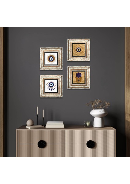 Fatma Ana Eli (Hamsa), Nazar Taş Duvar Tablosu Çerçeveli Duvar Dekoru 4 Parça Tablo Seti Wall Art T4-1079