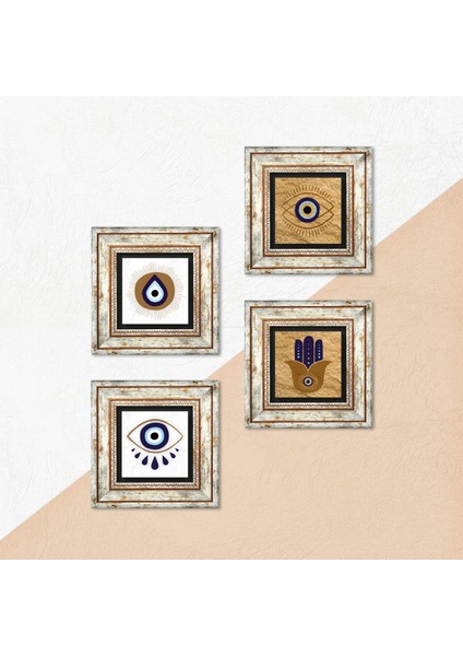 Fatma Ana Eli (Hamsa), Nazar Taş Duvar Tablosu Çerçeveli Duvar Dekoru 4 Parça Tablo Seti Wall Art T4-1079 indirimleri