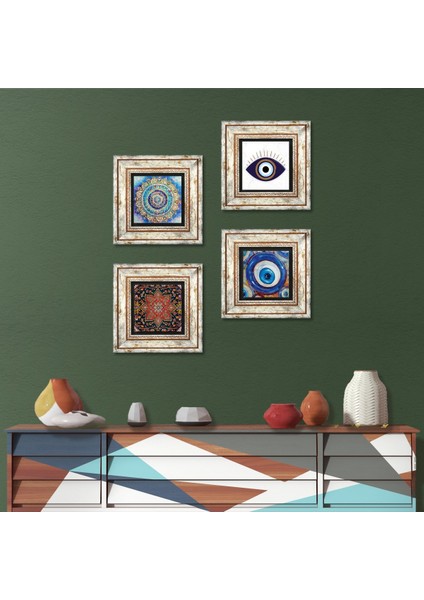Stone Nazar, Desen, Mandala Çerçeveli Taş Duvar Tablosu 4’lü Set - Dekoratif Modern Sanat, Ev ve Ofis Dekoru |TK4-1655|
