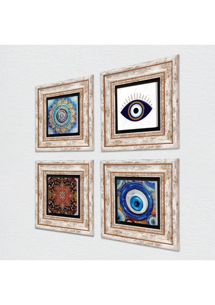 Stone Nazar, Desen, Mandala Çerçeveli Taş Duvar Tablosu 4’lü Set - Dekoratif Modern Sanat, Ev ve Ofis Dekoru |TK4-1655| fiyatları