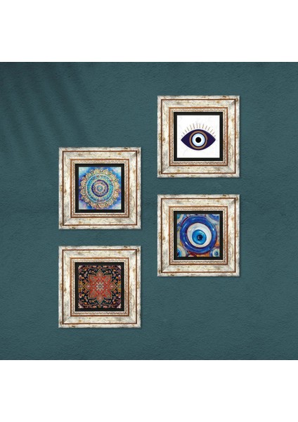 Stone Nazar, Desen, Mandala Çerçeveli Taş Duvar Tablosu 4’lü Set - Dekoratif Modern Sanat, Ev ve Ofis Dekoru |TK4-1655| fırsatları