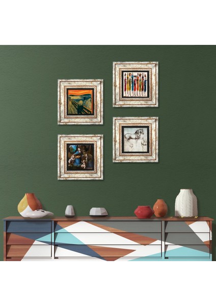Da Vinci At Heykeli, Kayalıklar Bakiresi, Çığlık, Yerli Kadınlar Taş Duvar Tablosu Çerçeveli Duvar Dekoru 4 Parça Tablo Seti Wall Art T4-1667