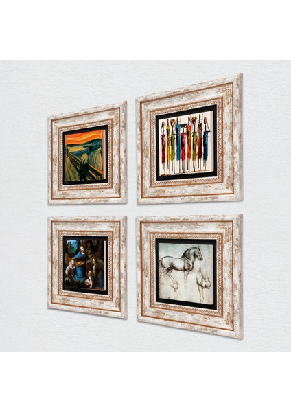 Da Vinci At Heykeli, Kayalıklar Bakiresi, Çığlık, Yerli Kadınlar Taş Duvar Tablosu Çerçeveli Duvar Dekoru 4 Parça Tablo Seti Wall Art T4-1667