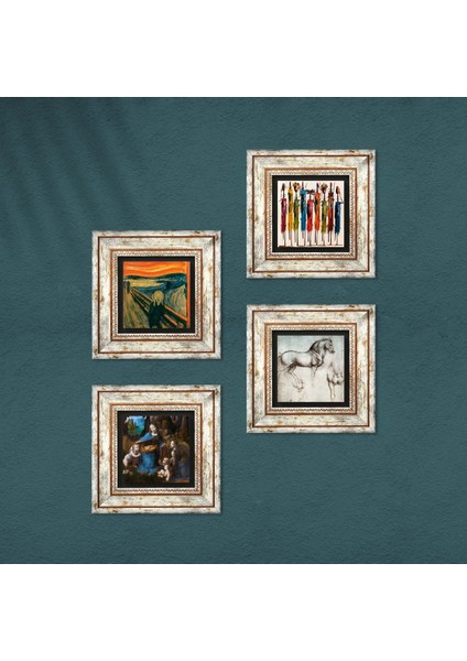 Da Vinci At Heykeli, Kayalıklar Bakiresi, Çığlık, Yerli Kadınlar Taş Duvar Tablosu Çerçeveli Duvar Dekoru 4 Parça Tablo Seti Wall Art T4-1667