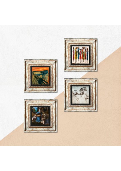 Da Vinci At Heykeli, Kayalıklar Bakiresi, Çığlık, Yerli Kadınlar Taş Duvar Tablosu Çerçeveli Duvar Dekoru 4 Parça Tablo Seti Wall Art T4-1667
