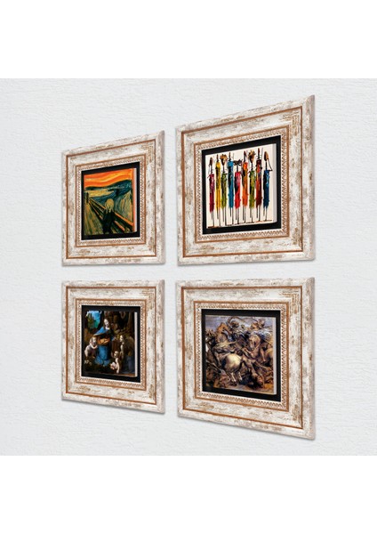 Leonardo da Vinci, Çığlık, Yerli Kadınlar, Anghiari Savaşı Çerçeveli Taş Duvar Tablosu 4’lü Set - Dekoratif Modern Sanat, Ev ve Ofis Dekoru |TK4-1673| fiyatları