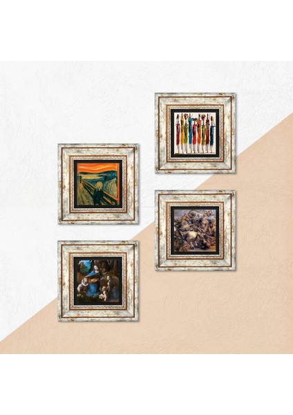 Leonardo da Vinci, Çığlık, Yerli Kadınlar, Anghiari Savaşı Çerçeveli Taş Duvar Tablosu 4’lü Set - Dekoratif Modern Sanat, Ev ve Ofis Dekoru |TK4-1673| indirimleri