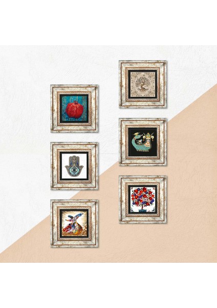 Şahmeran, Hayat Ağacı, Semazen, Nar Ağacı, Nar, Fatma Ana Eli Taş Duvar Tablosu Çerçeveli Duvar Dekoru 6 Parça Tablo Seti Wall Art T6-29