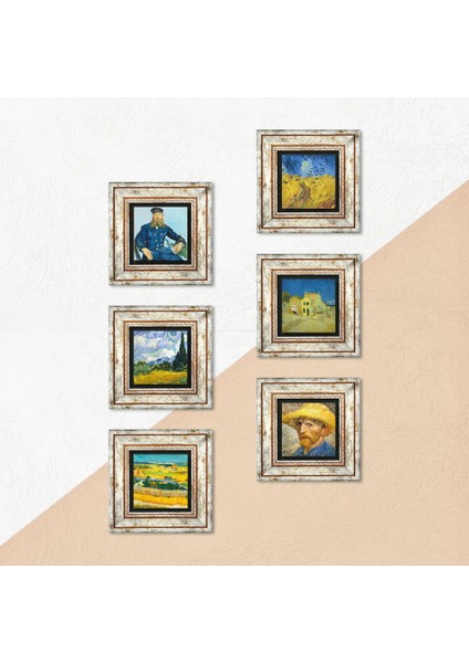 Van Gogh Taş Duvar Tablosu Çerçeveli Duvar Dekoru 6 Parça Tablo Seti Wall Art T6-81