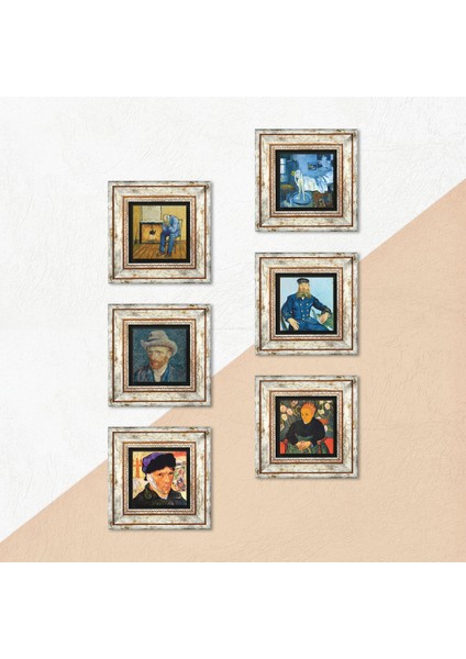 Picasso, Van Gogh Taş Duvar Tablosu Çerçeveli Duvar Dekoru 6 Parça Tablo Seti Wall Art T6-82