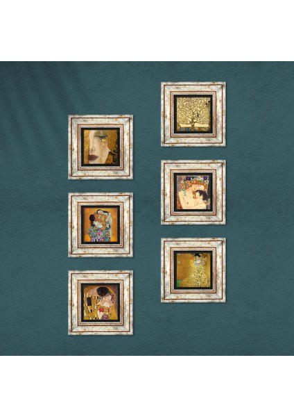 Gustav Klimt Taş Duvar Tablosu Çerçeveli Duvar Dekoru 6 Parça Tablo Seti Wall Art T6-83