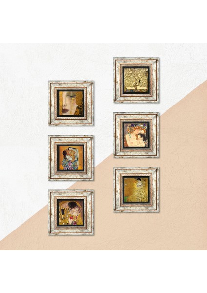 Gustav Klimt Taş Duvar Tablosu Çerçeveli Duvar Dekoru 6 Parça Tablo Seti Wall Art T6-83