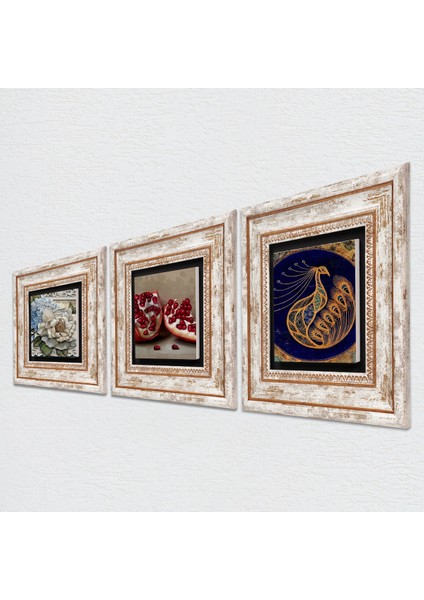 Tavus Kuşu, Kelebekli Çiçek, Nar Taş Duvar Tablosu Çerçeveli Duvar Dekoru 3 Parça Tablo Seti Wall Art T3-1169 fiyatları