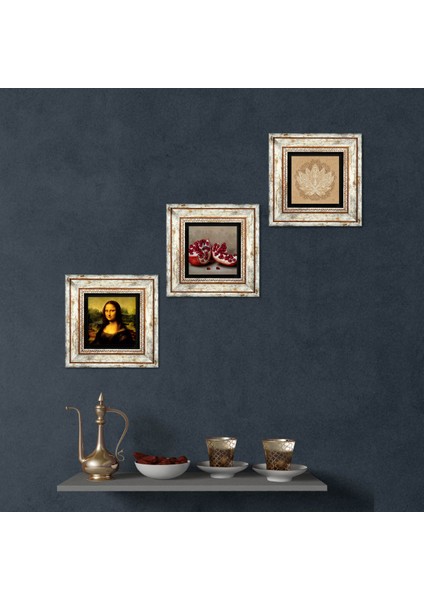 Lotus Çiçeği, Leonardo da Vinci Mona Lisa, Nar Çerçeveli Taş Duvar Tablosu 3’lü Set - Dekoratif Modern Sanat, Ev ve Ofis Dekoru |TK3-1426|