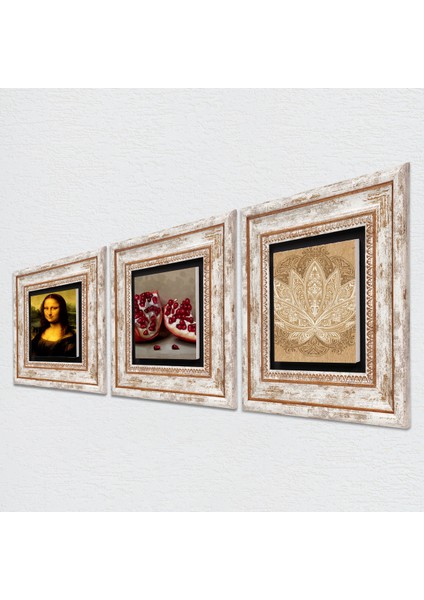 Lotus Çiçeği, Leonardo da Vinci Mona Lisa, Nar Çerçeveli Taş Duvar Tablosu 3’lü Set - Dekoratif Modern Sanat, Ev ve Ofis Dekoru |TK3-1426| fiyatları